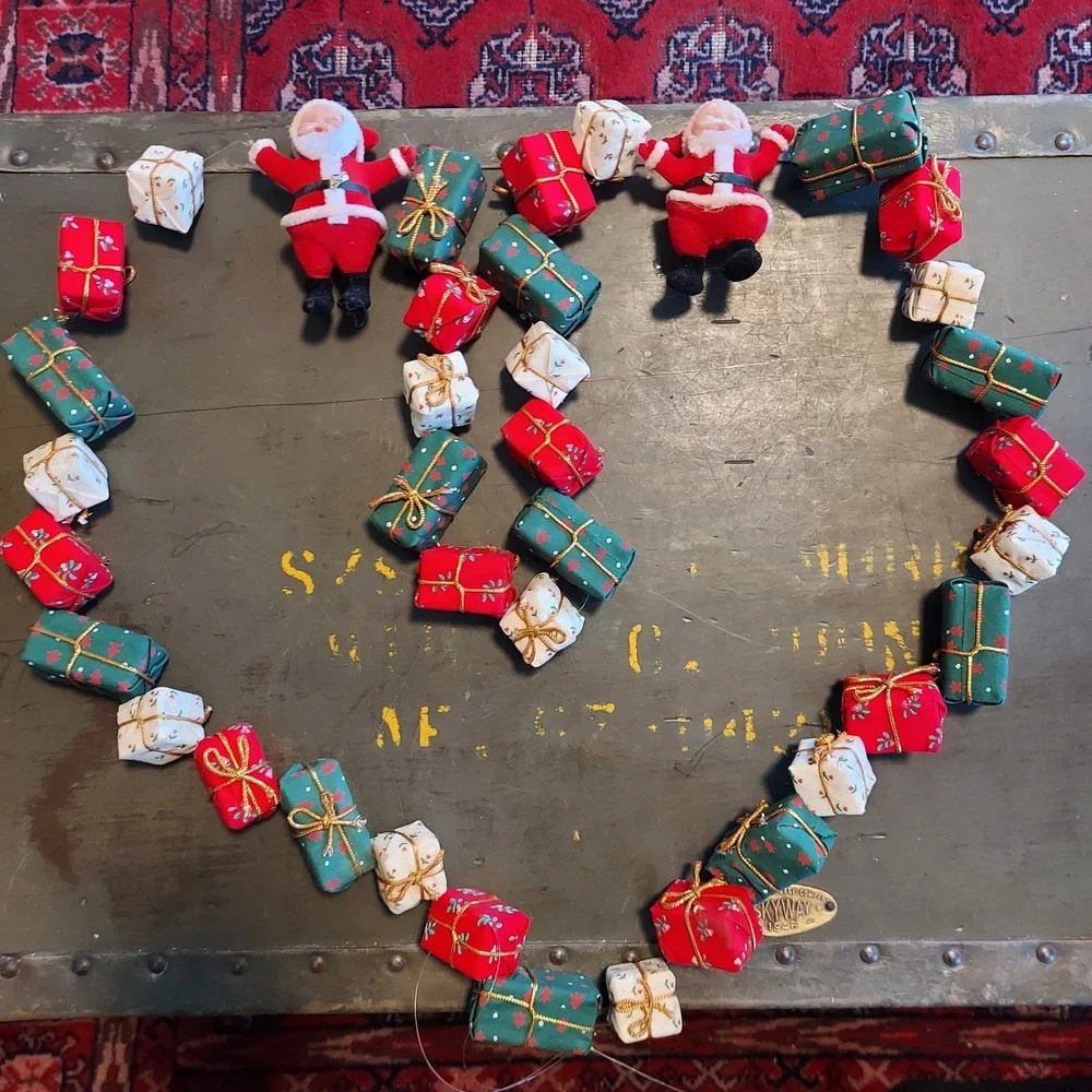 Vintage Christmas Garland 68 Inch Flocked Santa Claus Miniature Presents Kitsch